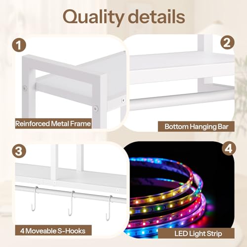 HOOBRO Gaming Floating Shelves with LED Lights, 28.7" LED Wall Mounted Shelf, 4-Tier Floating Wall Shelf for Storage, Display Rack with Hanging Bar and 4 S Hooks, for Gaming Room, White WT37DBJ01 - color: White