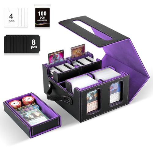Commander Deck Box for MTG,Card Storage Box Fits 400+ Double-Sleeved Cards,5 in 1 Removable deck Case with Display Windows,for TCG/PTCG/EDH(Black & Purple) - color: Black/Violet