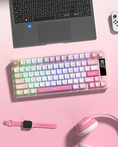 Womier DK75 75% Wireless Gaming Keyboard, RGB Backlit Creamy Keyboard with Media Knob, OLED Screen, Tri-Mode 2.4GHz/USB-C/BT5.0, Anti-Ghosting No-Conflict Silent Membrane Keyboard for MAC Windows - color: Pink