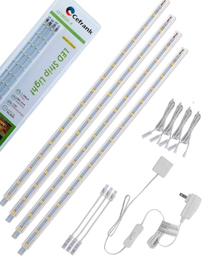 LED Display Light Bar Kit - (4) 16inches Plug-in Linkable Strip Lights for Large Display Cabinet - Series + Parallel Connection - White 6000K | 6000K White Ultra Thin Light Bar for Curio Cabinet, Bookshelf, Store Display Case. End-to-End Linkable, Low Hea
