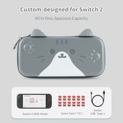 GeekShare Carrying Case Compatible with Switch 2 (2025) 7.9 Inch, Hard-Shell Slim Travel Case with 12 Game Card Slots for Switch 2 Console and Accessories, Gray Cat Ear - color: Grey