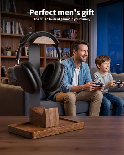 Headphone Stand and Controller Holder, 2-in-1 Walnut Wood Gaming Desk Organizer Compatible with Controllers, Display Mount for AirPods Max, Bose, Sennheiser, Gift for Gamers