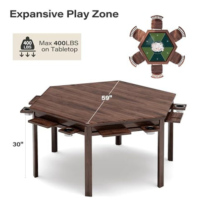 Board Game Table, 59" Hexagon Gaming Table with Removable Table Top & Play Mat for 6 Players, Includes Detachable Cup Holders and Trays for Dining, Card, DND, Poker in Walnut - size: Hex Table