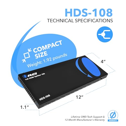 OREI UltraHD 1 in 8 Out HDMI Splitter 4K@60Hz 4:4:4 - HDMI 2.0 and HDCP 2.2 compliant with 3D support and EDID control - size: 4K Splitters 1x8