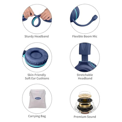 SIMOLIO Wired Headphones for School with Microphone, Stereo Kids Headphone with Flexible Swivel Boom Mic for Student K12 & Teacher & E-Learning, 3 Levels Volume Limiter Gaming Headsets for Boys, Girls
