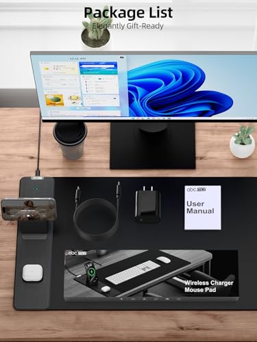 Wireless Charging Mouse Pad with Magnetic Phone Stand, 31.5"x15.8" Large | Waterproof Mousepad Desk Mat, Smooth Glide, Stitched Edge, Non-Slip Rubber Base, Computer Keyboard Mat, with Adapter - color: Black-Mag Stand-Adatper