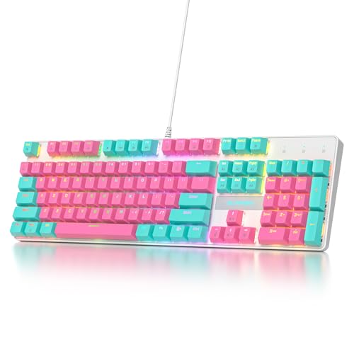 surmen Full Size Pink Creamy Keyboard with Number Pad, 104 Keys RGB Wired Mechanical Gaming Keyboard Backlit with PBT Keycaps Linear Red Switch for Laptop Desktop PC Gamers（104 Miami） - color: 104 Miami