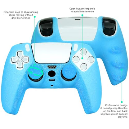 Blue Glitter Silicone Protective Case for PS5 Controller, Sparkly Bling Soft Cover Skins, Includes 8-in-1 Glitter Thumb Grip Caps + 2 Cat Paw Caps – Shockproof Dustproof Anti-Slip - color: Blue