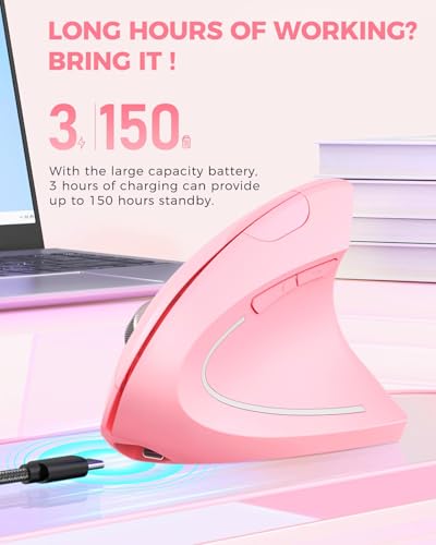 Lekvey Ergonomic Mouse, Vertical Wireless Mouse, Rechargeable 2.4 GHz USB Optical Carpal Tunnel Mice : 800/1200 / 1600 DPI, 6 Buttons, for Laptop, PC, Mac, Computer, Desktop, Notebook etc, Pink - color: Pink