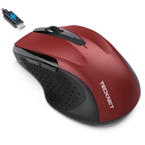 TECKNET Rechargeable Jiggler Wireless Mouse, Dual-Mode Connectivity, Red | Silent USB A & Bluetooth Mouse, 6 Adjustable DPI, 6 Buttons, Ergonomic Design, Long Battery Life, Multi-Device Compatibility - color: Red