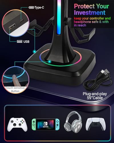 Controller Stand with Lighting and Headphone Stand Wall Mounts