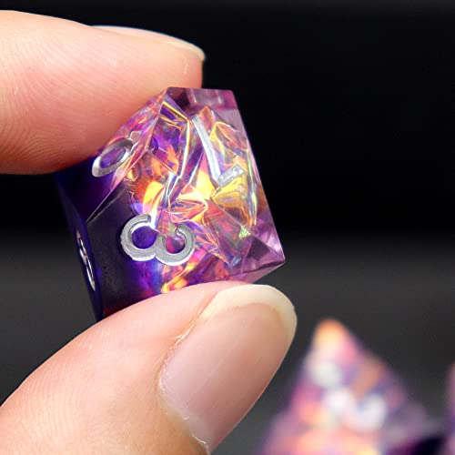 Haxtec Sharp Edge DND Dice Set, Purple Resin Polyhedral RPG Dice | Holographic D&D Dice for Table Games, Compatible with Dungeons and Dragons, Handmade 7-Die with Metal Case, TTRPG Gifts - color: Purple Black