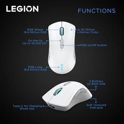 Lenovo Legion M600 RGB Wireless Gaming Mouse – 16,000 DPI, 9 Programmable Buttons, 200-Hour Battery Life, 50-Million Clicks Durability – Ambidextrous Computer Mouse (Stingray) - color: Stingray, size: Large | Ambidextrous, style: M600