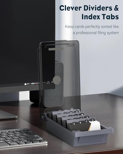 Uniclife Business Card Organizer with Lid & Dividers, 500-Card Capacity | Desktop business card holder and name card storage box with A-Z index tabs for neat sorting, quick viewing and easy access - size: Medium