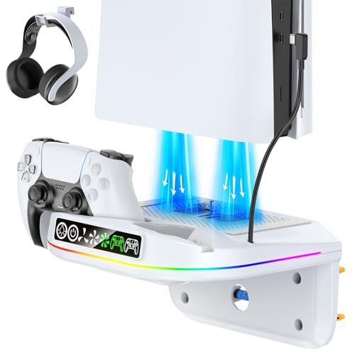 PS 5 Wall Mount Kit with Cooling Fan and Charging Station Compatible with P5/ Slim/ Pro Disc and Digital, PS Five Floating Base Holder Shelf with 9 RGB Lights & 3-Level Fan, P5 Accessories for Gaming