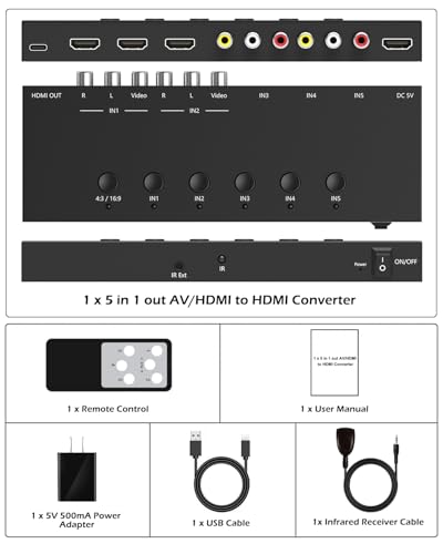 5-in-1 HDMI/AV Switcher, RCA to Digital Converter – 2 AV & 3 HDMI Inputs, Support HDR & HDCP 2.2 & Full 3D for Sega/Xbox/PS1/PS2/Xbox,PS5/PS4,Roku,Fire Stick - size: 2AV+3HDMI to HDMI Converter
