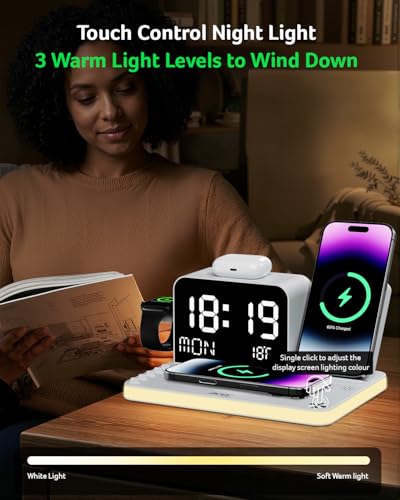 Acer 7-in-1 Wireless Charging Station with LED Clock - 30W Fast Wireless Charger for iPhone 16/15/14/13/12/Pro Max, Apple Watch, AirPods - Bluetooth Auto Time Sync & Night Lights (White) - color: White