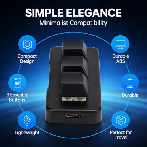 Mini 3 Button Control Keyboard, Programmable Macro Keypad with USB Cable, Custom Knob - Compact Design, Onboard Storage, Easy Setup for Gaming and Office
