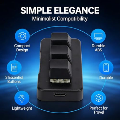 Mini 3 Button Control Keyboard, Programmable Macro Keypad with USB Cable, Custom Knob - Compact Design, Onboard Storage, Easy Setup for Gaming and Office