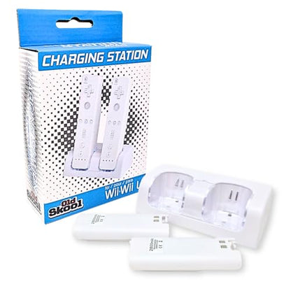 Old Skool Wii Dual Charging Station w/ 2 Rechargeable Batteries & LED Lights for Wii Remote Control