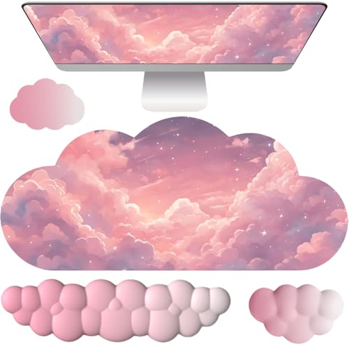 Cloud Mouse Pad Keyboard Wrist Rest for Mouse 4PCS Extended Large Galaxy Space Desk Mat Pad Set Memory Foam Non-Slip Cute Ergonomic Game Mouse Wrist Support for Computer Home Office Pink Starry Sky - color: L-pink Sky
