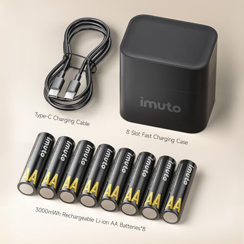 imuto Rechargeable aa Batteries with Charger, 3000mWh 8 Pack 1.5V 2A Output | Lithium Batteries aa, 8 Slot Storage Case Lithium aa Battery Charger, 1.5V 2A Output, 2500+ Cycle Life, 2.5H Fast Charging
