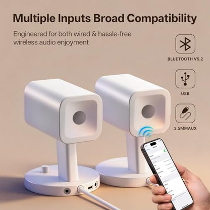 Sanyun SW202 24W 2.0 Computer Speakers, DSP-Enhanced Clear Stereo, 3 Modes | Game/Movie/Music Modes, 16bit DAC, USB/Bluetooth 5.2/AUX, 2.25" Full-Range Drivers, RGB Lighting, Compact Design(Pair, White) - color: SW202 White