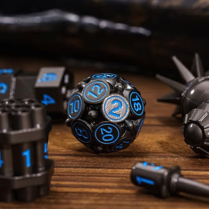 UDIXI Metal Dice Set D&D 7PCS RPG Polyhedral Metal DND Dice Set Black | Bomb Shape, Solid Metal, Cool Design, Leather Pouch Packaging, for Dungeons and Dragons Role Playing Games Tabletop Games - color: Black Blue