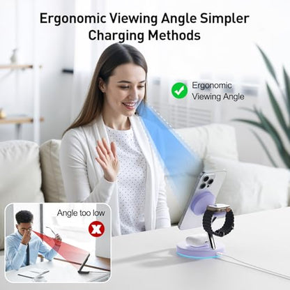 【Adjustable Blue Ambient Light】 Wireless Charger 3 in 1 for iPhone, Magnetic Charging Station for Apple Family,15W Fast MagSafe Charger Stand,for iPhone17-12-iWatch AirPods Series - color: Purple