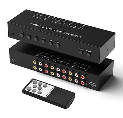 6Port AV to HDMI Converter RCA/Composite/CVBS Adapter Support 16:9/4:3 Switch for Wii/N64/PS1/PS2/PS3/VHS/VCR/DVD Players etc (6Port RCA in to 1 HDMI Converter with IR Remote) - style: 6Port AV to HDMI Converter