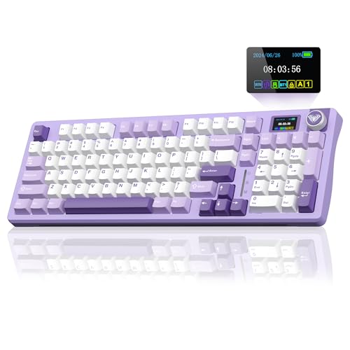 AULA S98 Pro Wireless Mechanical Keyboard with Screen & Knob, Tri-Mode Creamy Keyboard with Number Pad, Pre-lubed Linear Switches, Hot Swappable RGB Backlit Computer Gaming Keyboards for PC/Laptop - color: White&Purple