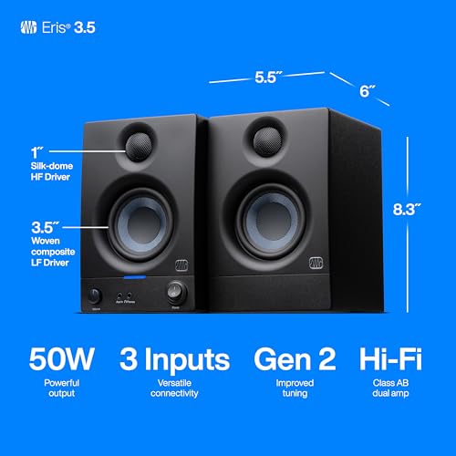 PreSonus Eris 3.5 Powered Studio Monitors, Pair — | 50W, Woven-Composite Woofer, Silk-Dome Tweeter, Black - color: Black, size: 3.5"
