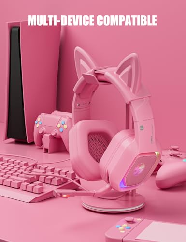 ZIUMIER Pink Wired Gaming Headset with Detachable Cat Ears | Noise Canceling Microphone, LED Light, 50mm Driver, 3.5mm Audio Jack, Compatible with PS4 PS5 Xbox Series X|S Xbox One PC