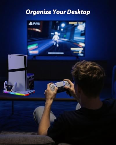 PS5 Cooling Station for PS5/Slim/Pro,PS5 Fan Cooling Fan with 8 RGB Light P5 Cooling Stand with 3 Level Fan Vertical Controller Charger Station with Dual Controller Chargers Dics Storage 4 HUB