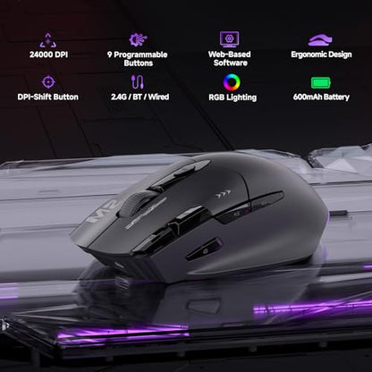 TMKB M2 Wireless Gaming Mouse, 24K DPI, Tri-Mode 2.4G/BT/USB-C, 9 Buttons | Lightweight Ergonomic Grip, Programmable, 600mAh Rechargeable, DPI-Shift Button, RGB lighting, PTFE Feet, for PC Laptop Mac
