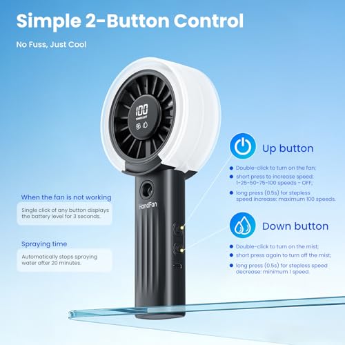 HandFan Upgraded Misting Fan with LED Display – Extreme Cooling Portable Handheld Fan with Water Mist Spray, 50% Stronger Airflow & Quieter, USB Rechargeable for Travel/Park/Disney/Beach/Concert/Game - color: Classic Black