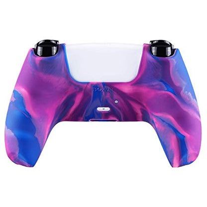 PlayVital Tri-Color Pink & Purple & Blue Camouflage Anti-Slip Silicone Cover Skin for ps5 Controller, Soft Rubber Case for PS5 Wireless Controller with Black Thumb Grip Caps - color: Pink Purple Blue