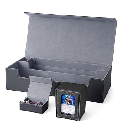 MTG Deck Box Holds 5 Display Card Deck Boxes with Playmat and Dice Box,Includes 10 colorful dividers and 1 card supporter, Trading Card Storage Box For Magic Game Cards (Black and Grey) | Holds 5 Deck Boxes (not included)/650 Single/520 Double-Sleeved Car