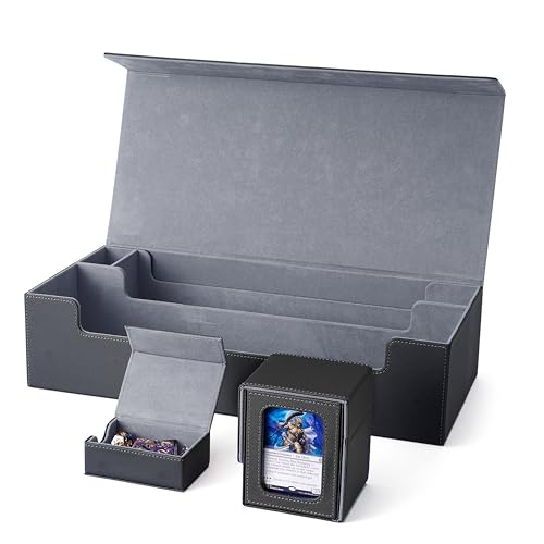 MTG Deck Box Holds 5 Display Card Deck Boxes with Playmat and Dice Box,Includes 10 colorful dividers and 1 card supporter, Trading Card Storage Box For Magic Game Cards (Black and Grey) | Holds 5 Deck Boxes (not included)/650 Single/520 Double-Sleeved Car
