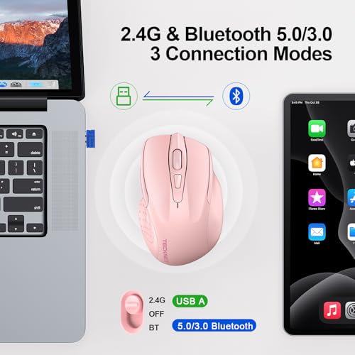 TECKNET Wireless Mouse, BT 5.0/2.4G, Silent 4800 DPI 6 Buttons, Pink | Bluetooth 5.0/3.0 & USB A, 2-Device Easy Switch, Wide OS Compatible, 6-DPI, Ergonomic for S/M Hands, Extended Battery - color: Pink