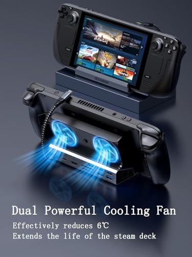 10-in-1 Docking Station for Steam Deck OLED & ROG Ally X & Legion Go & Switch 2, Dual Cooling Fan 5 USB Ports, 4K@60Hz HDMI 2.0, 100W Charging Port Support ROG Ally 30W Mode, Gigabit Ethernet, SD/TF