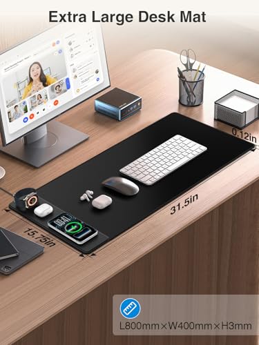 Magnetic Wireless Charging Mouse Pad, 31.5"x15.8" Large Desk Mat | Waterproof Mousepad, Smooth Glide, Stitched Edge, Non-Slip Rubber Base, Desk Pad Computer Keyboard Mat, with Adapter - color: Black-Adatper