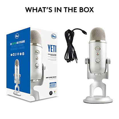 Logitech Creators Blue Yeti USB Microphone for PC, Mac, Gaming, Recording, Streaming, Podcasting, Studio and Computer Condenser Mic with Blue VO!CE Effects, 4 Pickup Patterns, Plug and Play - Silver | Tri-Capsule Condenser USB Mic, 4 Pickup Patterns, Bidi