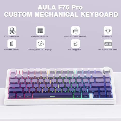 AULA F75 Pro Wireless Mechanical Keyboard,75% Hot Swappable Custom Keyboard,RGB Backlit,Pre-lubed Linear Switches,Side Printed PBT Keycaps Mechanical Gaming Keyboards,Gradient Purple - color: F75 Pro-Gradient Purple