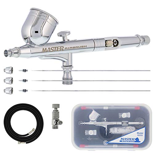 Master Airbrush G233 Performance Pro Airbrush Kit with 3 Nozzle Sets (0.2, 0.3 & 0.5mm Needles, Fluid Tips & Air Caps) Hose, Dual Action Gravity - Air Brush Gun for Painting, Aerografo Body Art & Cake - size: Hose Included