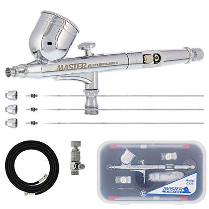 Master Airbrush G233 Performance Pro Airbrush Kit with 3 Nozzle Sets (0.2, 0.3 & 0.5mm Needles, Fluid Tips & Air Caps) Hose, Dual Action Gravity - Air Brush Gun for Painting, Aerografo Body Art & Cake - size: Hose Included