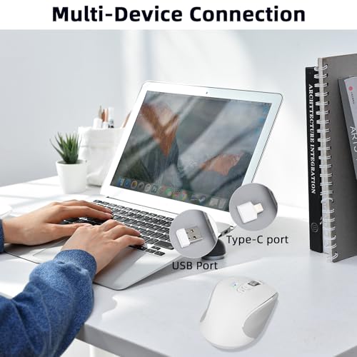 Wireless Bluetooth Mouse with USB-A, USB-C Receiver, Rechargeable, 3-Device, Full-Size, Silent Click, Ergonomic Mice for MacBook/Laptop/Computer/Tablet/PC/iPad (White) - color: White