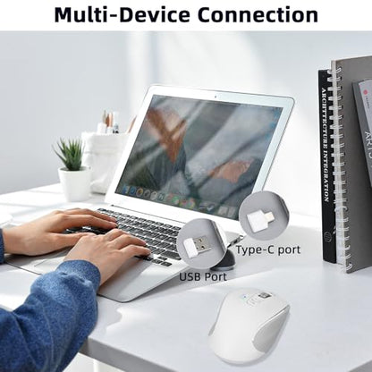 Wireless Bluetooth Mouse with USB-A, USB-C Receiver, Rechargeable, 3-Device, Full-Size, Silent Click, Ergonomic Mice for MacBook/Laptop/Computer/Tablet/PC/iPad (White) - color: White