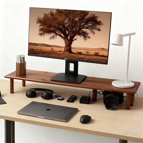 Dual Monitor Stand Riser, Acacia Wood Desktop Shelf with Storage | 39.37-Inch Wide, Under-Shelf Storage for Keyboard, Mouse and Laptop, Fits Two 24-Inch Monitors in Home Office - color: Acacia wood
