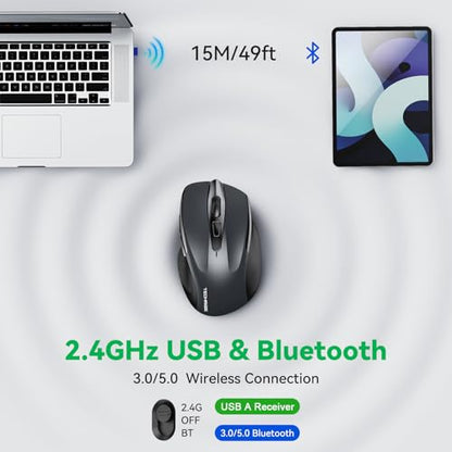 TechRise Bluetooth Mouse (BT5.0/3.0 & 2.4G) Rechargeable Wireless Mouse, 4800 DPI Optical Tracking, 6 Adjustable DPI, 2.4GHz with USB A Receiver, Quiet Clicks, Ergonomic Grips, 6 Buttons - Grey - color: Grey